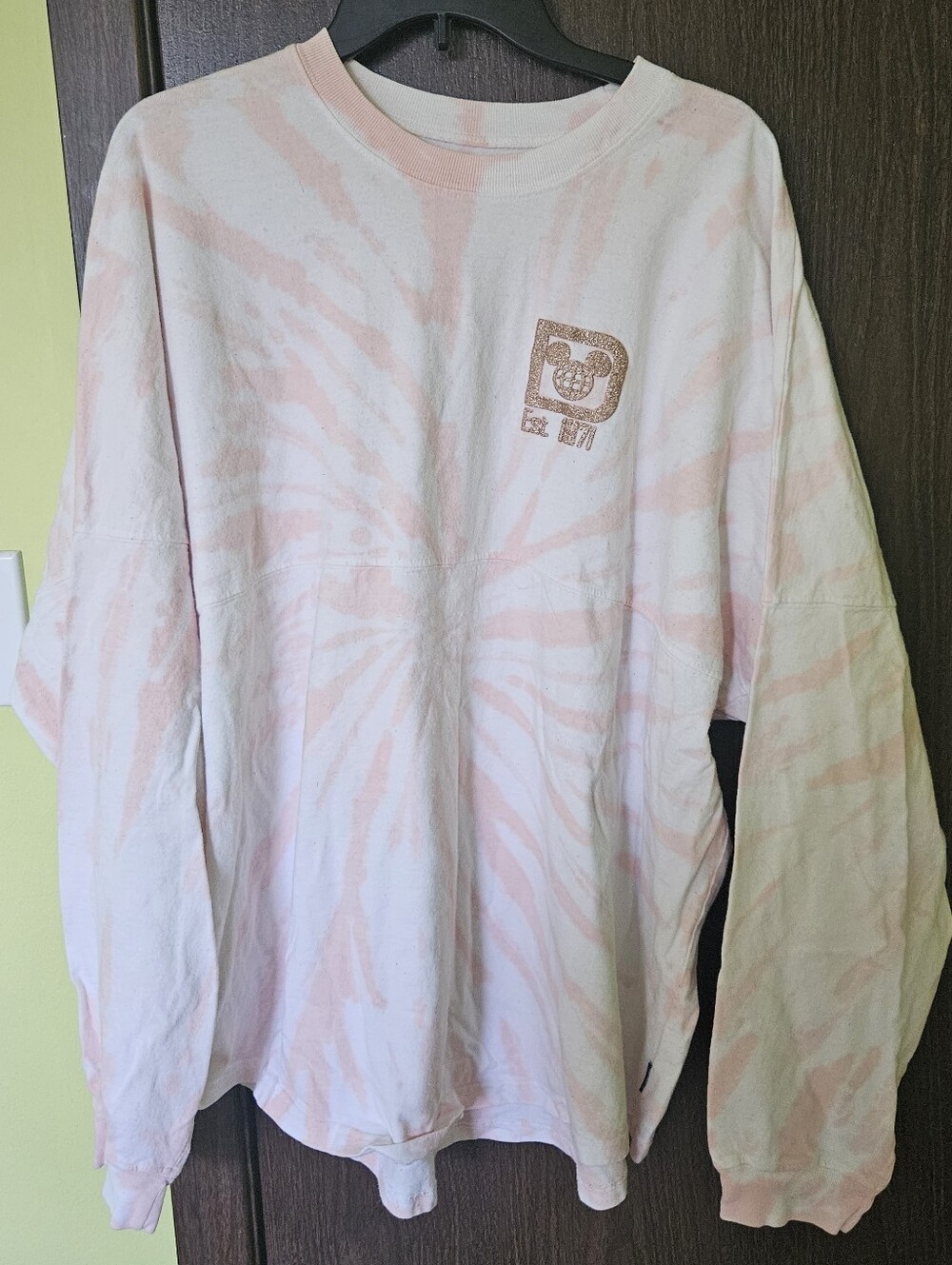 Disney Parks Spirit Jersey pink and white tie-dye With Rose Gold Glitter Details